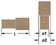 Two images showing the side and top views of a bronze ratchet adaptor with two connected parts. The right image shows two squares, each with a compression ball use for insertion into the ratchet wrench.  Both images include arrows indicating measurements 